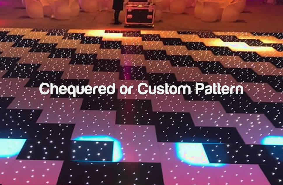 Photo of a large Starlit LED Black & White dance floor in a diagonal pattern with pink light shining