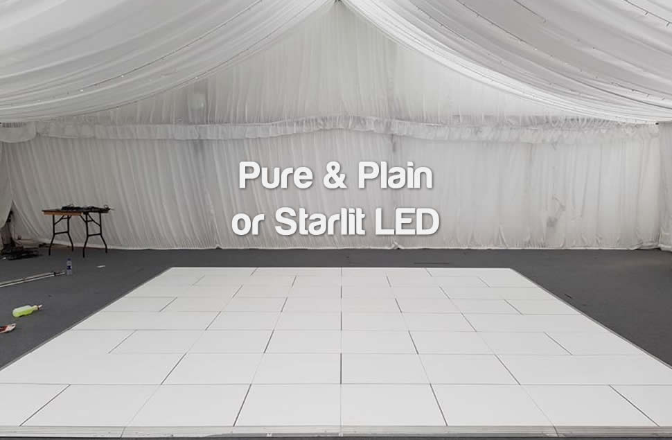 Photo of a plain white acrylic dance floor in a marquee
