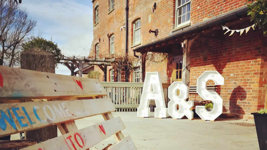 Wedding at Sopley Mill Christchurch with light up letters A & S