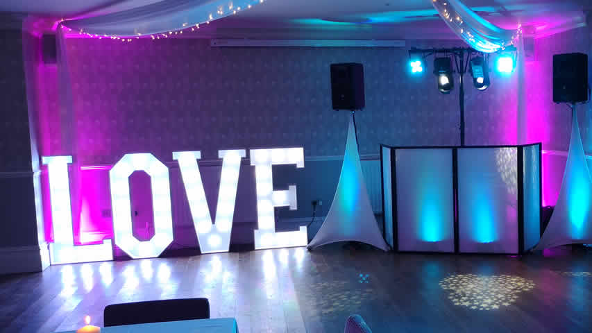 Wedding at Green House Bournemouth with light up love letters and DJ equipment