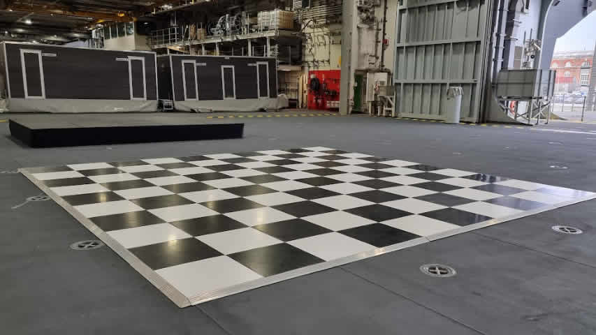 Chequered dance floor on an aircraft carrier for a military party in Portsmouth