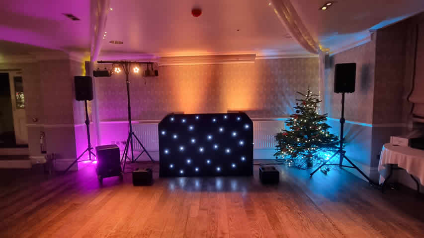 DJ setup at Green House Hotel Bournemouth with mobile disco and black starcloth