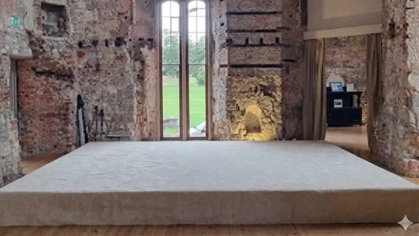 Cream / ivory Carpeted stage. Venue: Lulworth Castle. Dorset wedding