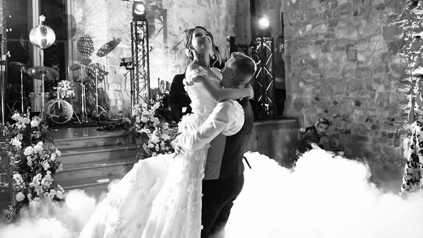 Lulworth Castle wedding dancing on the clouds dry ice effect