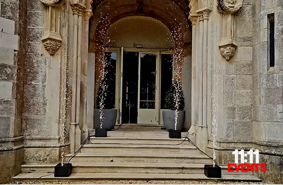 Highcliffe Castle Porch with 4 magicFX sparxstar cold spark machines for wedding photo